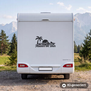 Wohnmobil Aufkleber Palme on Tour mit Namen in Schwarz matt am Heck eines weißen Wohnmobils (Mit KI erstellt)