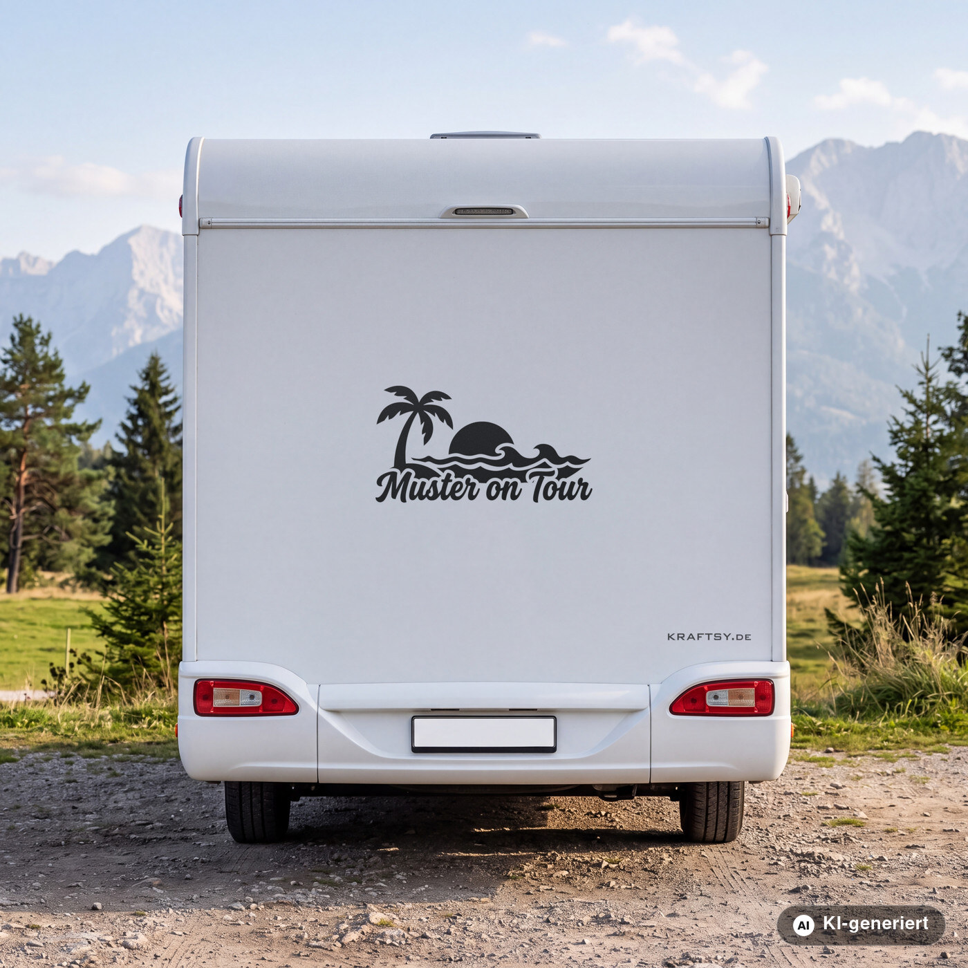 Wohnmobil Aufkleber Palme on Tour mit Namen in Schwarz matt am Heck eines weißen Wohnmobils (Mit KI erstellt)