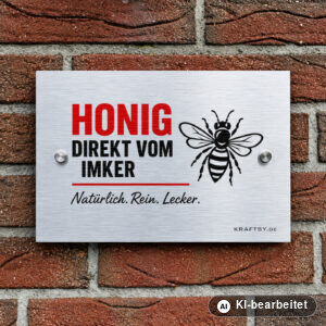 Schild Honig direkt vom Imker auf silber gebürsteter Aluminium-Verbundplatte, mit Abstandhaltern, an einer Hauswand