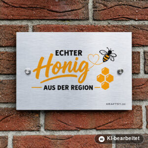 Schild Echter Honig aus der Region auf silber gebürsteter Aluminium-Verbundplatte, mit Abstandhaltern, an einer Hauswand