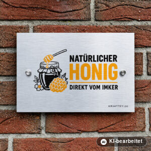 Schild Natürlicher Honig direkt vom Imker auf silber gebürsteter Aluminium-Verbundplatte, mit Abstandhaltern, an einer Hauswand