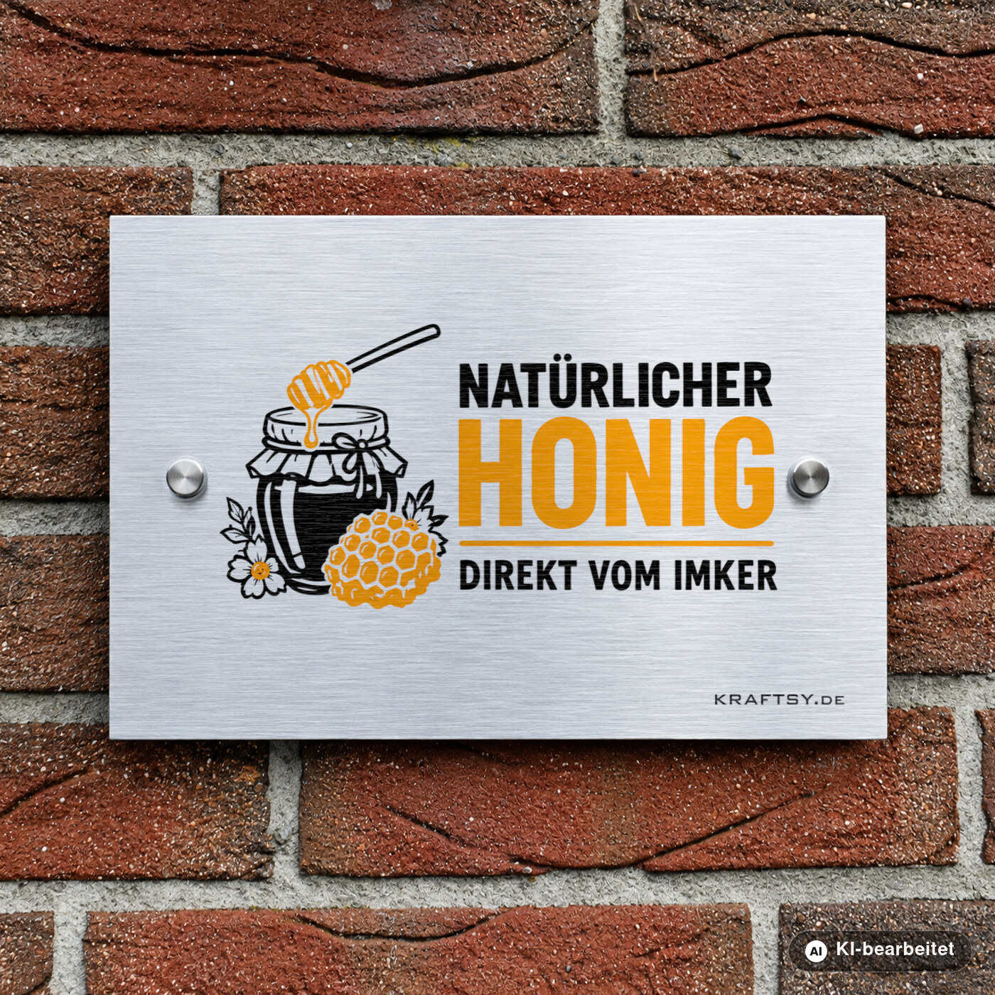 Schild Natürlicher Honig direkt vom Imker auf silber gebürsteter Aluminium-Verbundplatte, mit Abstandhaltern, an einer Hauswand