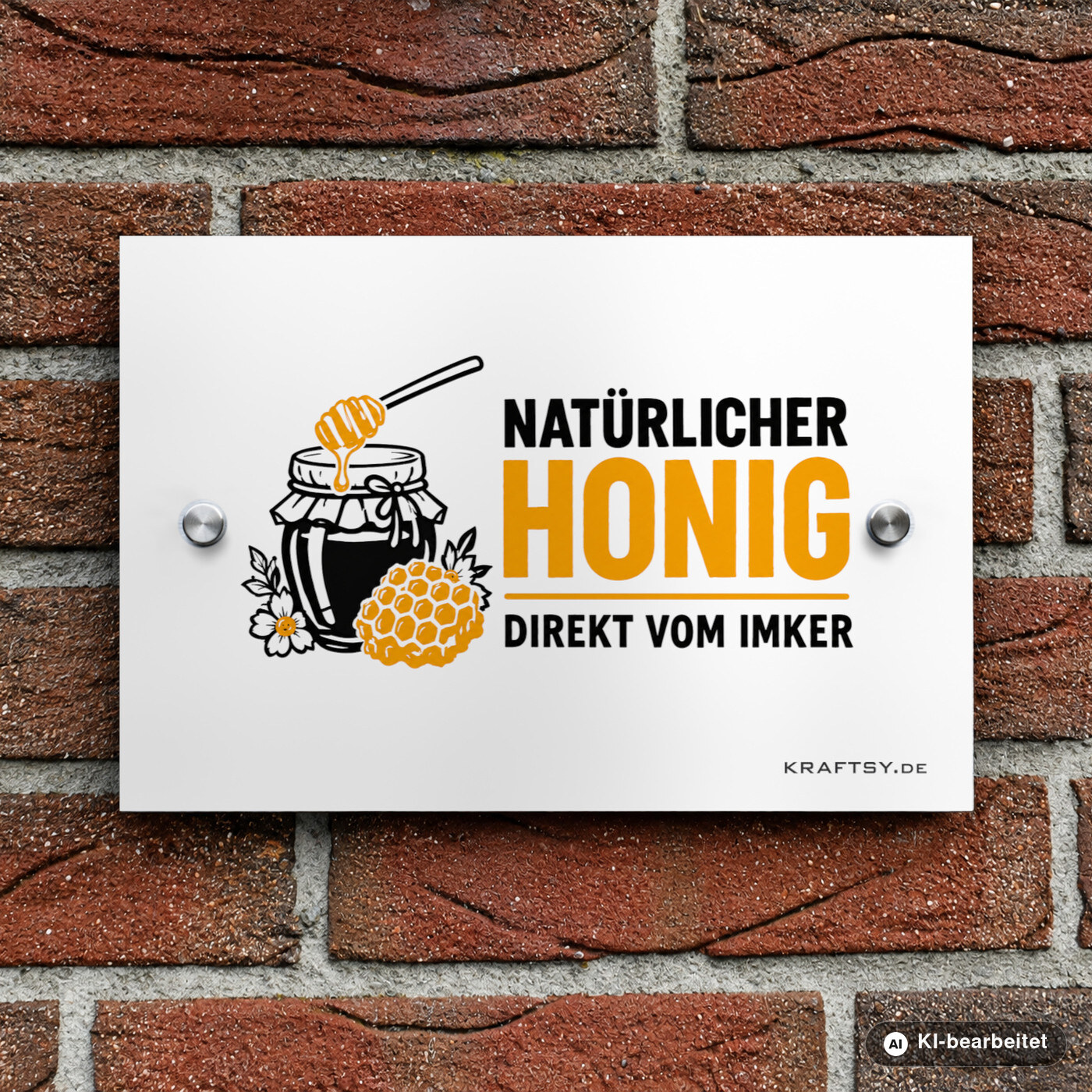 Schild Natürlicher Honig direkt vom Imker auf weißer Aluminium-Verbundplatte, mit Abstandhaltern, an einer Hauswand