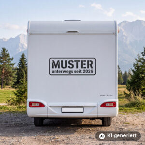 Wohnmobil Aufkleber Unterwegs-seit-Schild mit Familienname und Jahr in Schwarz matt am Heck eines weißen Wohnmobils (Mit KI erstellt)
