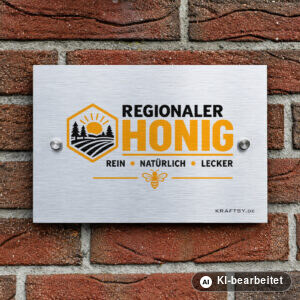 Schild Regionaler Honig, rein, natürlich, lecker auf silber gebürsteter Aluminium-Verbundplatte, mit Abstandhaltern, an einer Hauswand