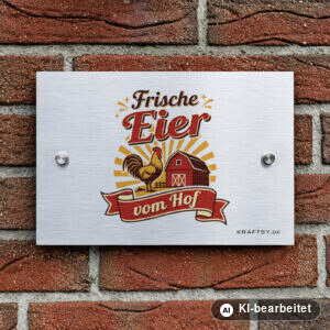 Schild Frische Eier vom Hof, Retro auf silber gebürsteter Aluminium-Verbundplatte, mit Abstandhaltern, an einer Hauswand