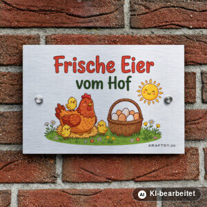 Schild Frische Eier vom Hof mit Küken auf silber gebürsteter Aluminium-Verbundplatte, mit Abstandhaltern, an einer Hauswand