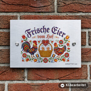 Schild Frische Eier vom Hof, Bauernmalerei auf silber gebürsteter Aluminium-Verbundplatte, mit Abstandhaltern, an einer Hauswand