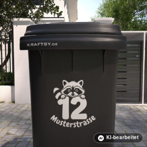 Mülltonnenaufkleber Waschbär mit Straßenname und Hausnummer auf einer Mülltonne, Ansicht von vorne (Mit KI bearbeitet)
