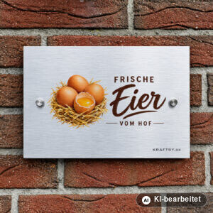 Schild Frische Eier vom Hof mit Nest auf silber gebürsteter Aluminium-Verbundplatte, mit Abstandhaltern, an einer Hauswand