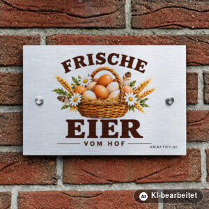 Schild Frische Eier vom Hof mit Eierkorb auf silber gebürsteter Aluminium-Verbundplatte, mit Abstandhaltern, an einer Hauswand