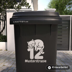 Mülltonnenaufkleber Schlafende Katze mit Straßenname und Hausnummer auf einer Mülltonne, Ansicht von vorne (Mit KI bearbeitet)