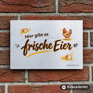 Schild Hier gibt es frische Eier auf silber gebürsteter Aluminium-Verbundplatte, mit Abstandhaltern, an einer Hauswand