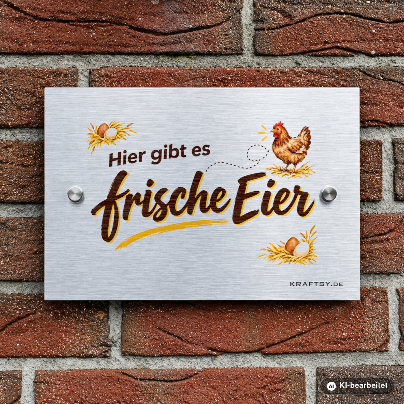 Schild Hier gibt es frische Eier auf silber gebürsteter Aluminium-Verbundplatte, mit Abstandhaltern, an einer Hauswand