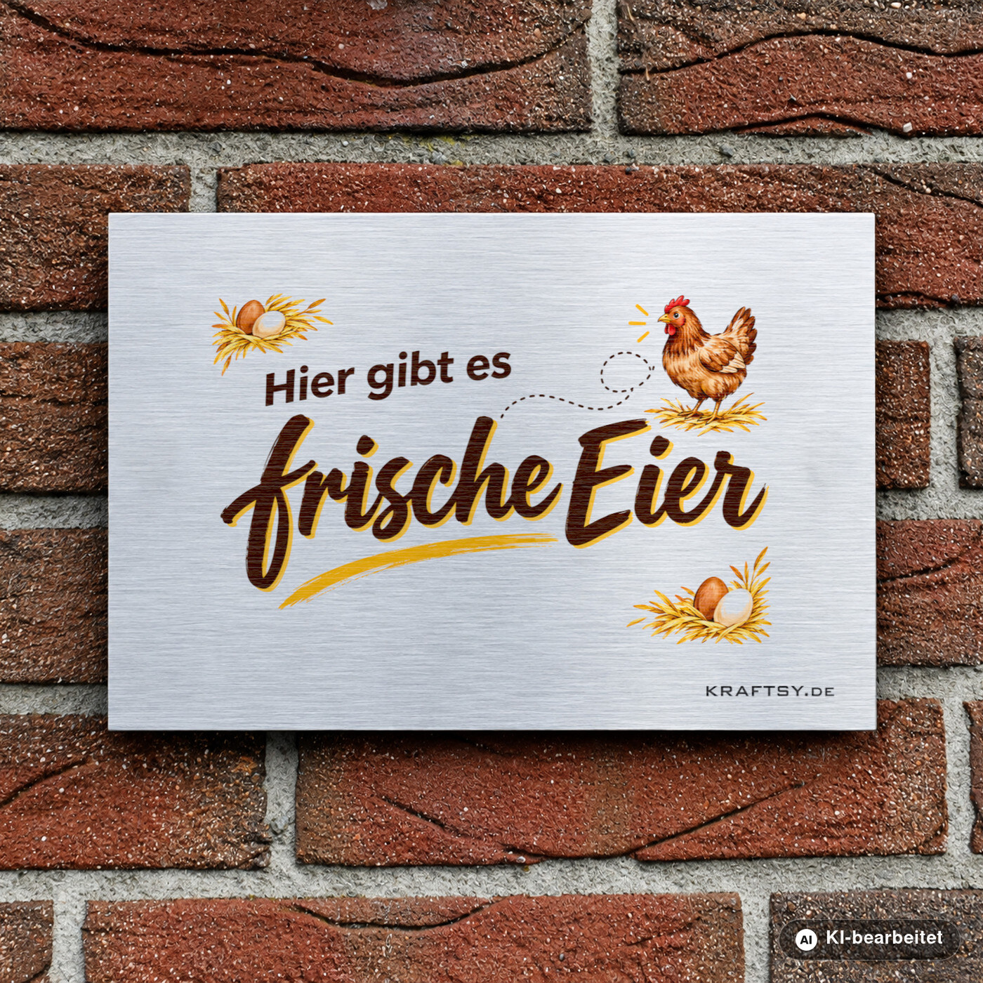Schild Hier gibt es frische Eier auf silber gebürsteter Aluminium-Verbundplatte, verdeckt montiert, schwebend, an einer Hauswand