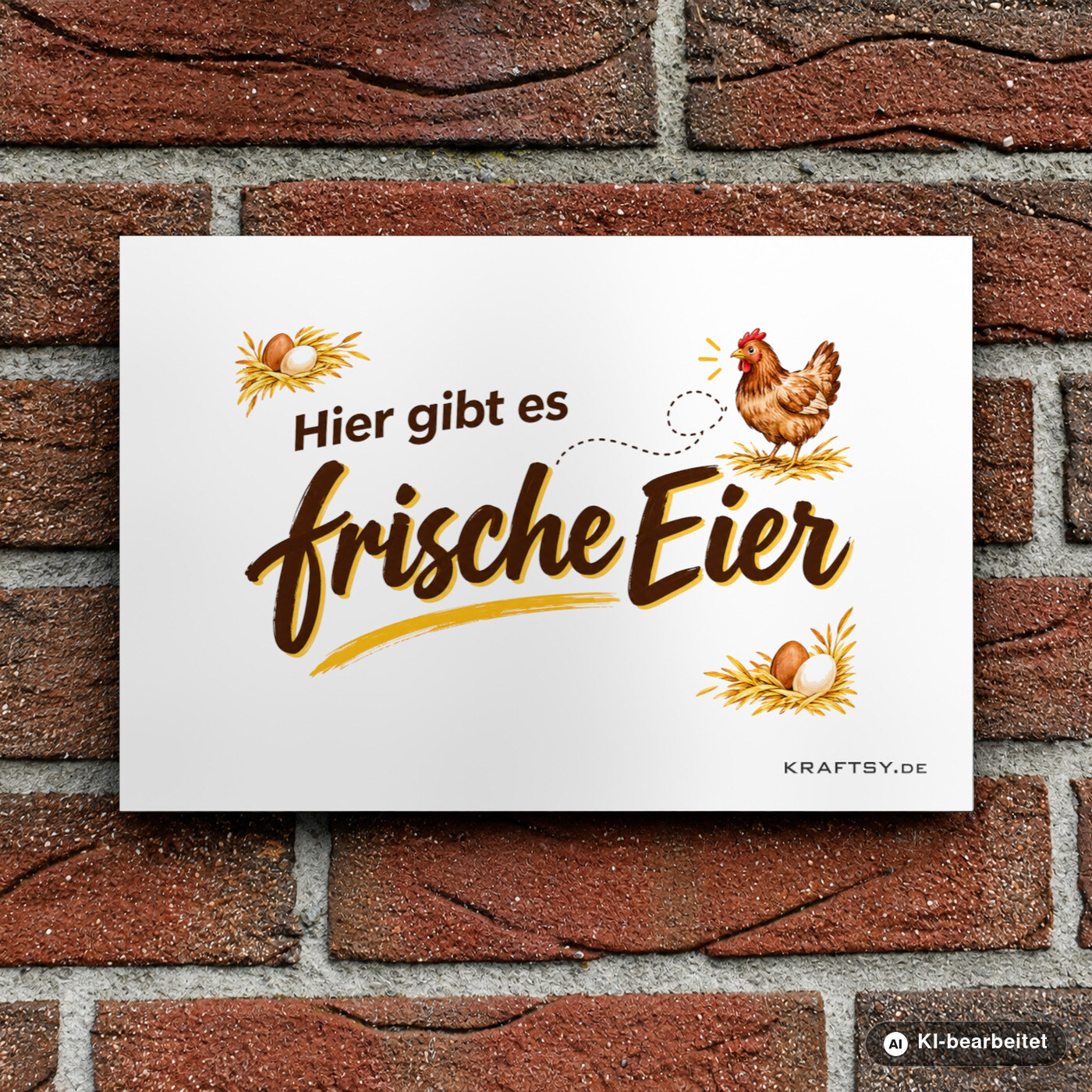 Schild Hier gibt es frische Eier auf weißer Aluminium-Verbundplatte, verdeckt montiert, schwebend, an einer Hauswand