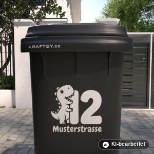 Mülltonnenaufkleber Dinosaurier mit Straßenname und Hausnummer auf einer Mülltonne, Ansicht von vorne (Mit KI bearbeitet)