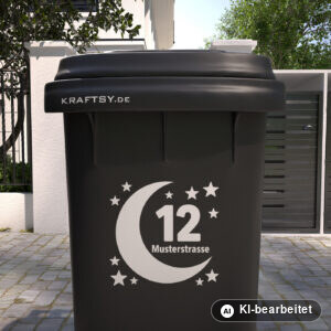 Mülltonnenaufkleber Mond und Sterne mit Straßenname und Hausnummer auf einer Mülltonne, Ansicht von vorne (Mit KI bearbeitet)
