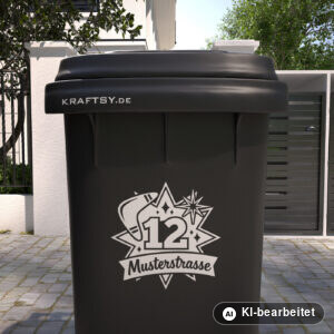 Mülltonnenaufkleber Retro-Stern mit Straßenname und Hausnummer auf einer Mülltonne, Ansicht von vorne (Mit KI bearbeitet)