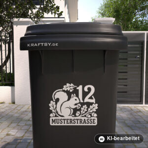 Mülltonnenaufkleber Eichhörnchen mit Straßenname und Hausnummer auf einer Mülltonne, Ansicht von vorne (Mit KI bearbeitet)