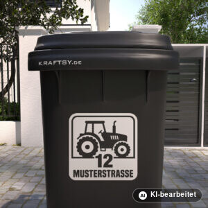 Mülltonnenaufkleber Traktor mit Straßenname und Hausnummer auf einer Mülltonne, Ansicht von vorne (Mit KI bearbeitet)