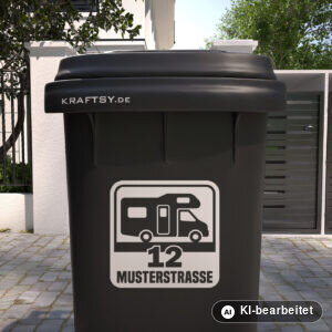 Mülltonnenaufkleber Wohnmobil mit Straßenname und Hausnummer auf einer Mülltonne, Ansicht von vorne (Mit KI bearbeitet)
