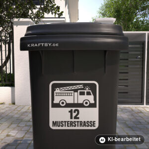 Mülltonnenaufkleber Feuerwehrauto mit Straßenname und Hausnummer auf einer Mülltonne, Ansicht von vorne (Mit KI bearbeitet)
