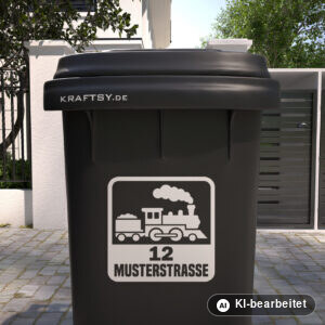 Mülltonnenaufkleber Dampflok mit Straßenname und Hausnummer auf einer Mülltonne, Ansicht von vorne (Mit KI bearbeitet)