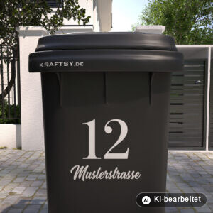 Mülltonnenaufkleber Schreibschrift mit Straßenname und Hausnummer auf einer Mülltonne, Ansicht von vorne (Mit KI bearbeitet)
