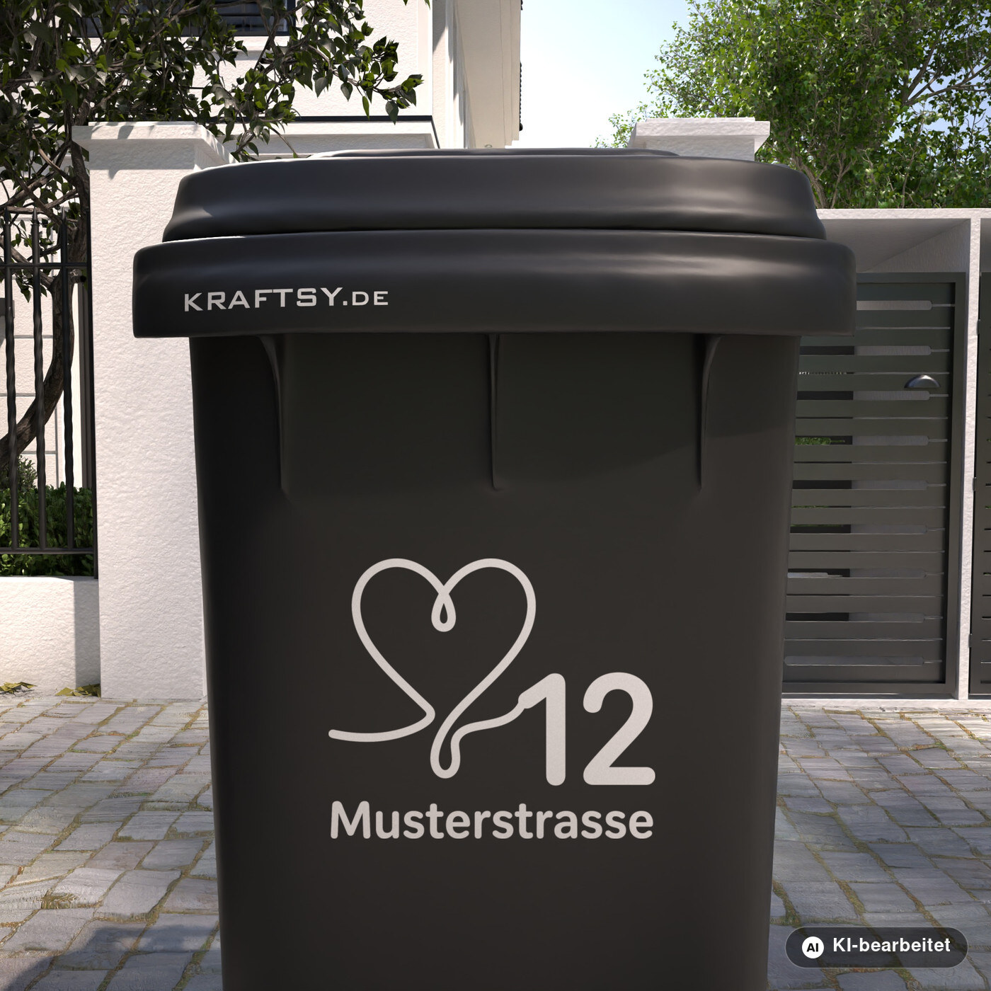 Mülltonnenaufkleber Herz in Linienkunst mit Straßenname und Hausnummer auf einer Mülltonne, Ansicht von vorne (Mit KI bearbeitet)