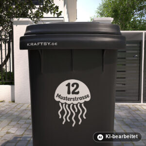 Mülltonnenaufkleber Qualle mit Straßenname und Hausnummer auf einer Mülltonne, Ansicht von vorne (Mit KI bearbeitet)