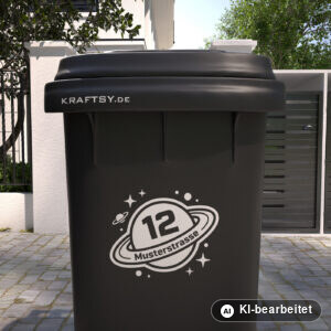 Mülltonnenaufkleber Planet mit Straßenname und Hausnummer auf einer Mülltonne, Ansicht von vorne (Mit KI bearbeitet)