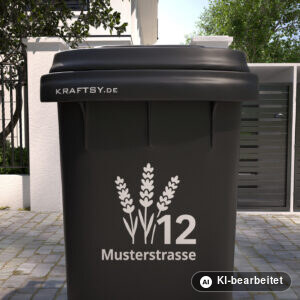 Mülltonnenaufkleber Lavendel mit Straßenname und Hausnummer auf einer Mülltonne, Ansicht von vorne (Mit KI bearbeitet)