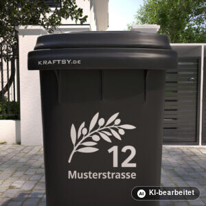 Mülltonnenaufkleber Olivenzweig mit Straßenname und Hausnummer auf einer Mülltonne, Ansicht von vorne (Mit KI bearbeitet)