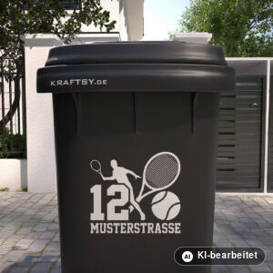 Mülltonnenaufkleber Tennis mit Straßenname und Hausnummer auf einer Mülltonne, Ansicht von vorne (Mit KI bearbeitet)