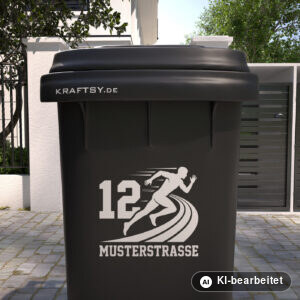 Mülltonnenaufkleber Läufer mit Straßenname und Hausnummer auf einer Mülltonne, Ansicht von vorne (Mit KI bearbeitet)