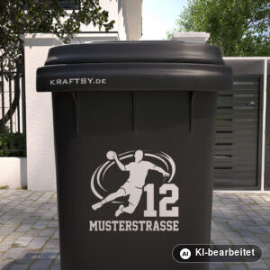 Mülltonnenaufkleber Handball mit Straßenname und Hausnummer auf einer Mülltonne, Ansicht von vorne (Mit KI bearbeitet)