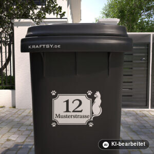 Mülltonnenaufkleber Katzen-Schild mit Straßenname und Hausnummer auf einer Mülltonne, Ansicht von vorne (Mit KI bearbeitet)
