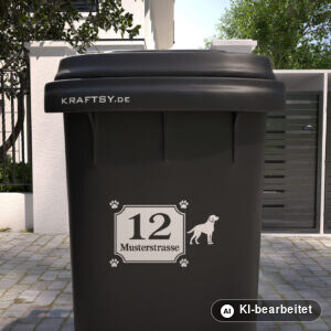 Mülltonnenaufkleber Hunde-Schild mit Straßenname und Hausnummer auf einer Mülltonne, Ansicht von vorne (Mit KI bearbeitet)