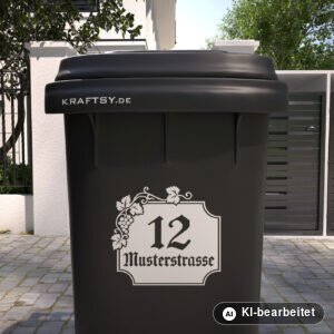 Mülltonnenaufkleber Weinrebe in Fraktur mit Straßenname und Hausnummer auf einer Mülltonne, Ansicht von vorne (Mit KI bearbeitet)