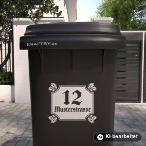 Mülltonnenaufkleber Eichenlaub in Fraktur mit Straßenname und Hausnummer auf einer Mülltonne, Ansicht von vorne (Mit KI bearbeitet)