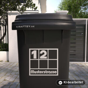 Mülltonnenaufkleber Bauhaus-Raster mit Straßenname und Hausnummer auf einer Mülltonne, Ansicht von vorne (Mit KI bearbeitet)