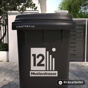 Mülltonnenaufkleber Bauhaus-Säulen mit Straßenname und Hausnummer auf einer Mülltonne, Ansicht von vorne (Mit KI bearbeitet)