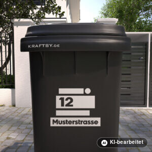 Mülltonnenaufkleber Bauhaus-Balken mit Straßenname und Hausnummer auf einer Mülltonne, Ansicht von vorne (Mit KI bearbeitet)